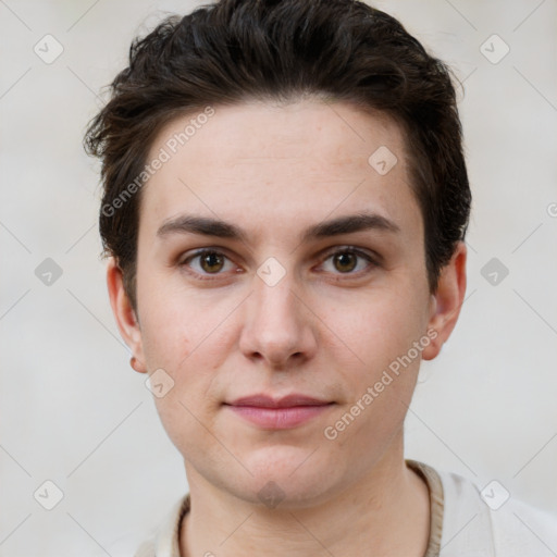 Neutral white young-adult male with short  brown hair and brown eyes