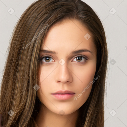 Neutral white young-adult female with long  brown hair and brown eyes