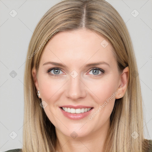 Joyful white young-adult female with long  brown hair and grey eyes