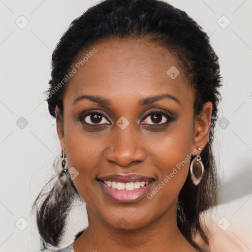 Joyful black young-adult female with medium  black hair and brown eyes