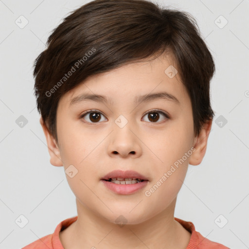 Joyful white child female with short  brown hair and brown eyes