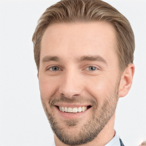 Joyful white young-adult male with short  brown hair and grey eyes