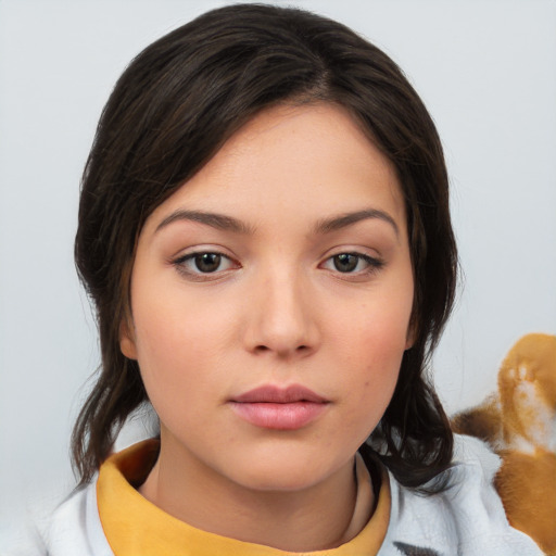 Neutral white young-adult female with medium  brown hair and brown eyes