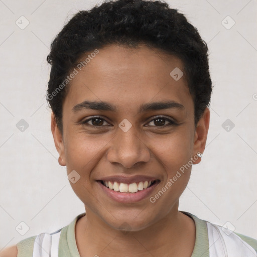 Joyful latino young-adult female with short  brown hair and brown eyes