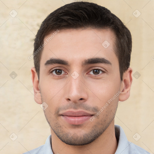 Neutral white young-adult male with short  brown hair and brown eyes