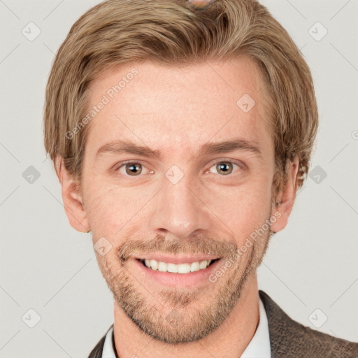 Joyful white adult male with short  brown hair and grey eyes