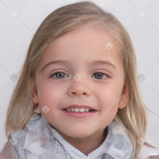 Joyful white child female with medium  brown hair and blue eyes