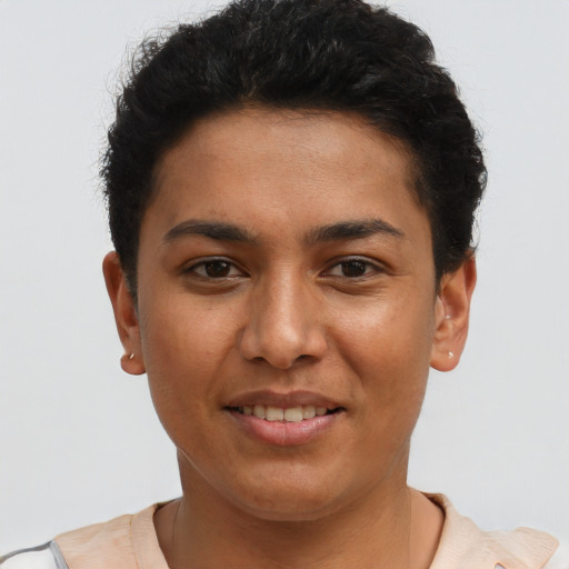 Joyful asian young-adult female with short  brown hair and brown eyes