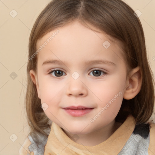 Joyful white child female with medium  brown hair and brown eyes