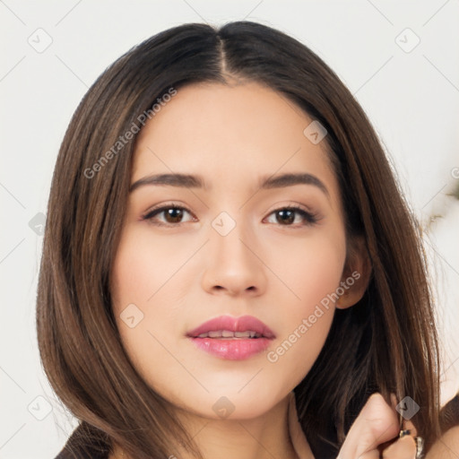 Neutral white young-adult female with long  brown hair and brown eyes