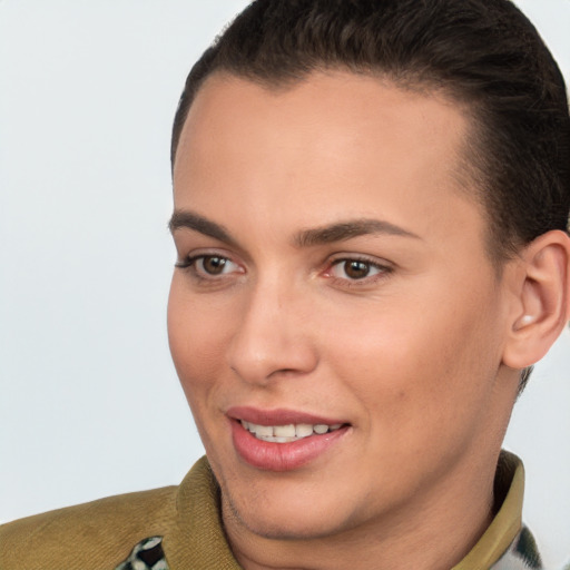 Joyful white young-adult female with short  brown hair and brown eyes