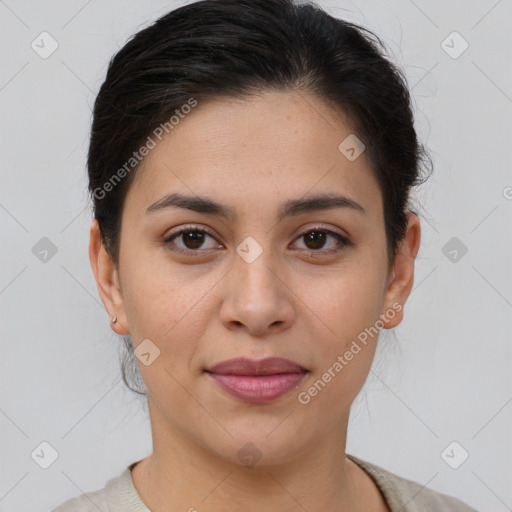 Joyful asian young-adult female with short  brown hair and brown eyes