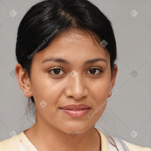 Joyful latino young-adult female with medium  brown hair and brown eyes