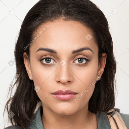 Neutral white young-adult female with long  brown hair and brown eyes