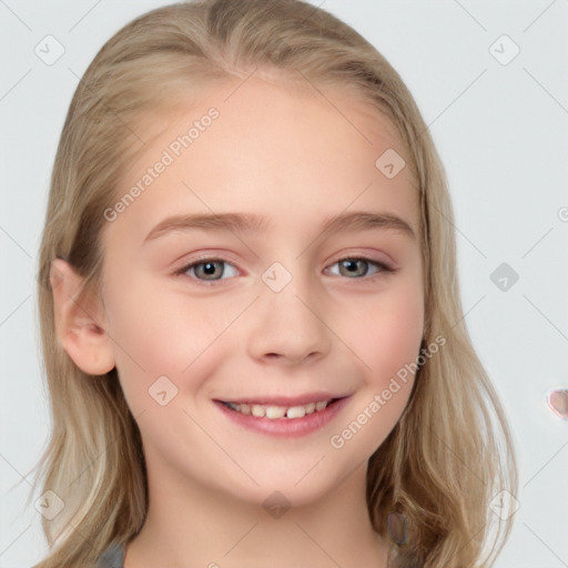 Joyful white child female with long  brown hair and grey eyes