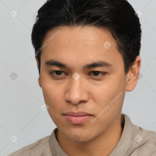 Neutral asian young-adult male with short  brown hair and brown eyes