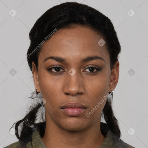 Neutral black young-adult female with short  black hair and brown eyes