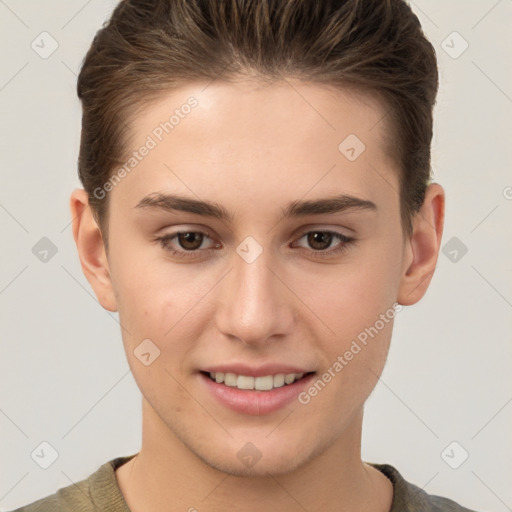 Joyful white young-adult female with short  brown hair and brown eyes