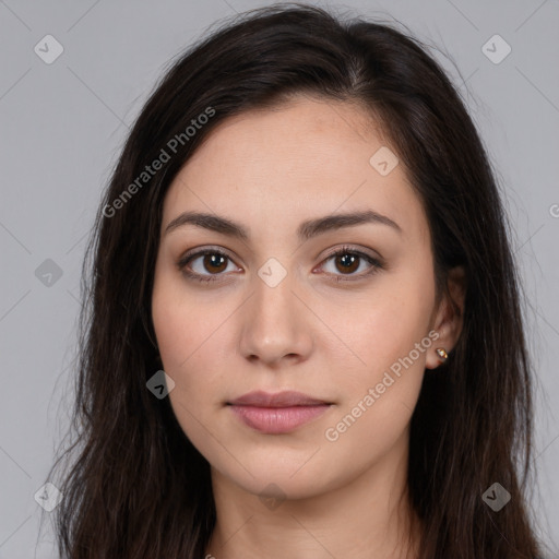 Neutral white young-adult female with long  brown hair and brown eyes