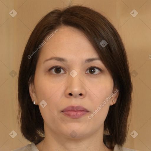 Neutral white young-adult female with medium  brown hair and brown eyes