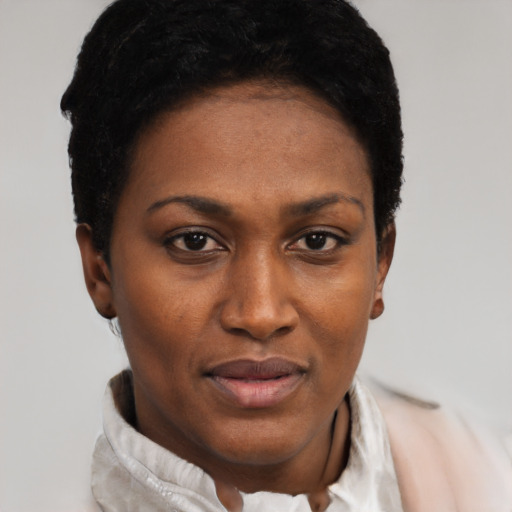 Neutral black adult female with short  black hair and brown eyes