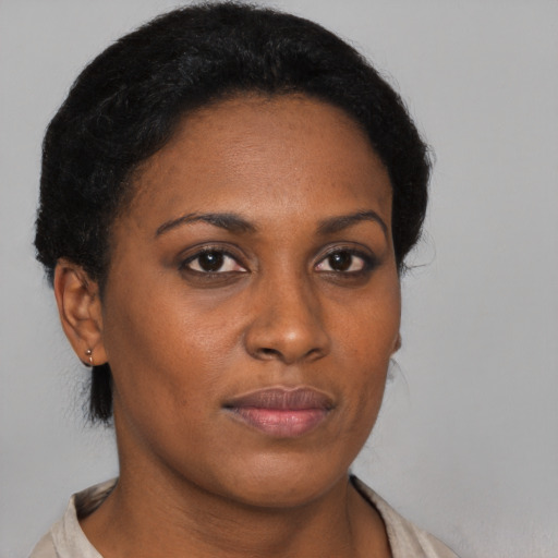 Neutral black young-adult female with short  black hair and brown eyes