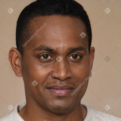 Joyful black young-adult male with short  brown hair and brown eyes