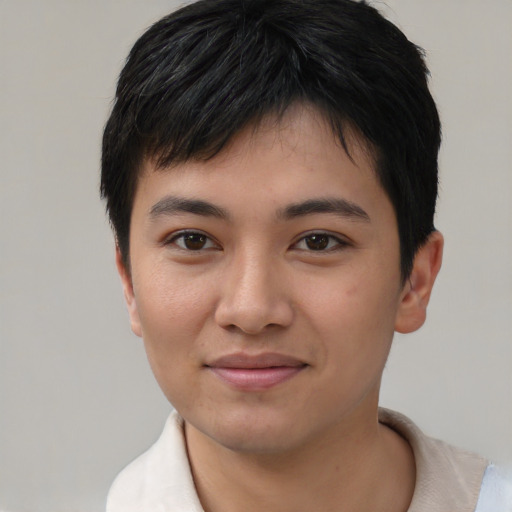 Joyful asian young-adult female with short  black hair and brown eyes