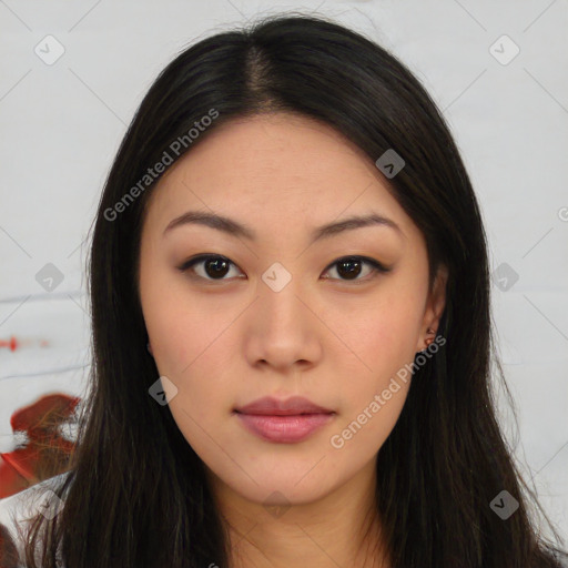 Neutral asian young-adult female with long  brown hair and brown eyes