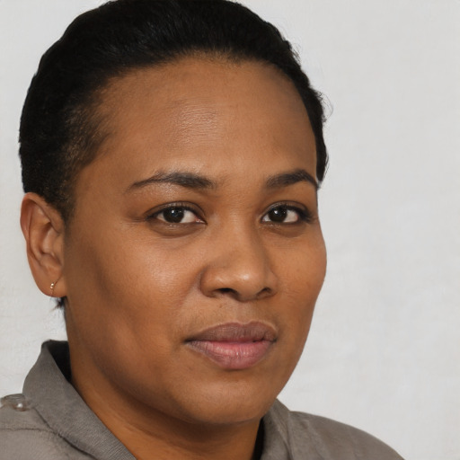 Neutral black young-adult female with short  brown hair and brown eyes