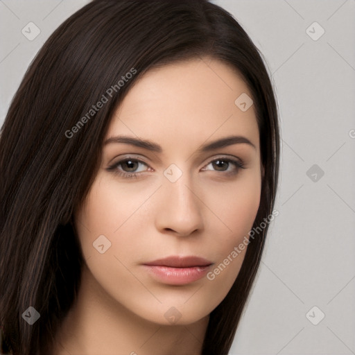 Neutral white young-adult female with long  brown hair and brown eyes