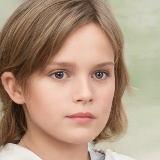 Neutral white child female with medium  brown hair and grey eyes