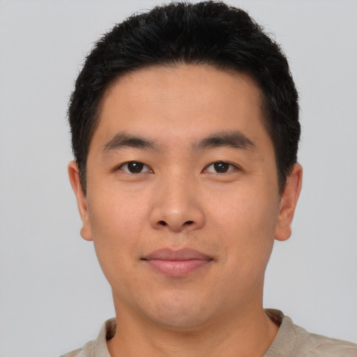 Neutral asian young-adult male with short  black hair and brown eyes