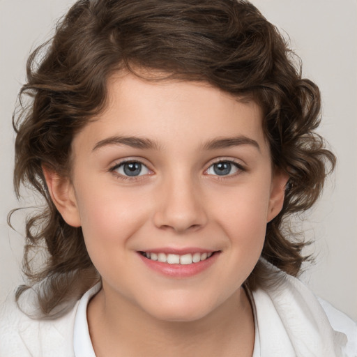 Joyful white child female with medium  brown hair and brown eyes