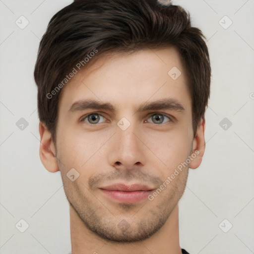 Neutral white young-adult male with short  brown hair and brown eyes