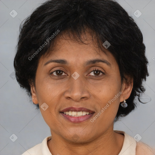 Joyful asian adult female with medium  brown hair and brown eyes