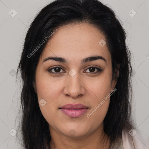 Joyful white young-adult female with long  brown hair and brown eyes