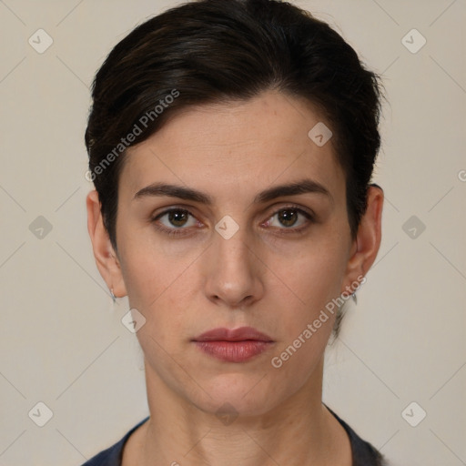 Neutral white young-adult female with short  brown hair and brown eyes