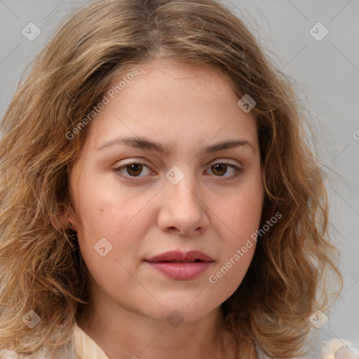 Neutral white young-adult female with medium  brown hair and brown eyes