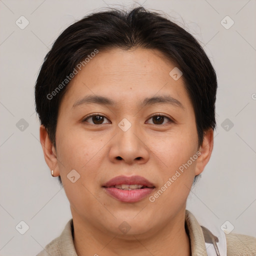 Joyful asian young-adult female with short  brown hair and brown eyes