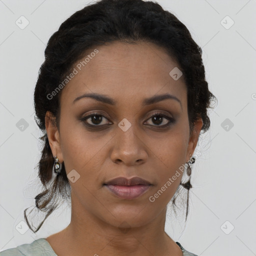 Joyful black young-adult female with medium  brown hair and brown eyes