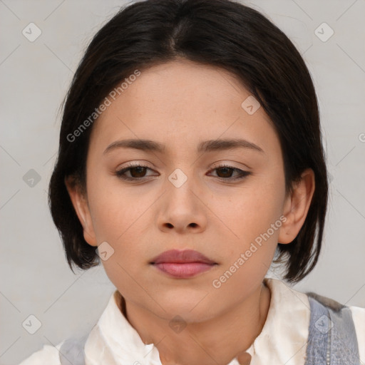 Neutral asian young-adult female with medium  brown hair and brown eyes