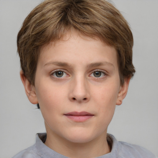 Neutral white child female with short  brown hair and grey eyes