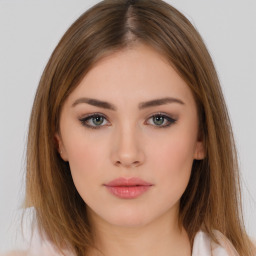 Neutral white young-adult female with medium  brown hair and brown eyes