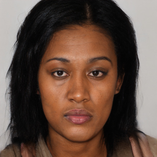 Neutral asian young-adult female with long  brown hair and brown eyes