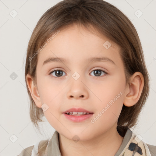 Joyful white child female with medium  brown hair and brown eyes