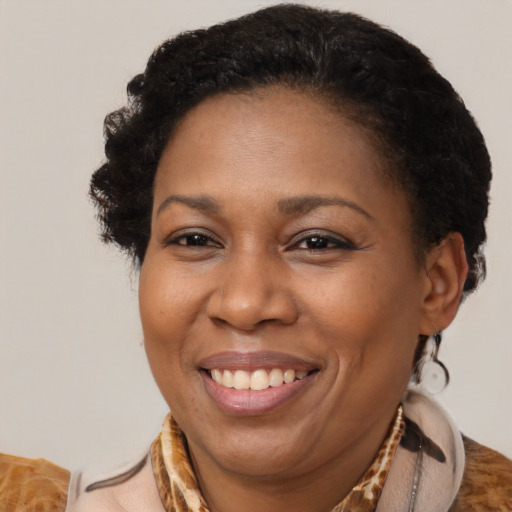 Joyful latino adult female with short  brown hair and brown eyes