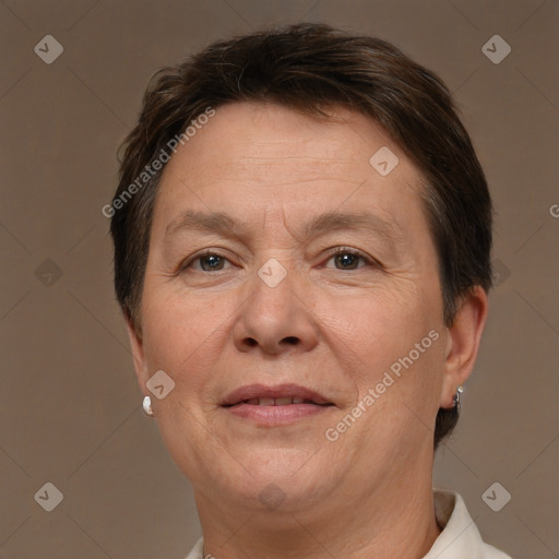 Joyful white adult female with short  brown hair and brown eyes