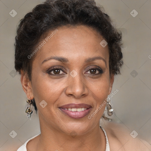 Joyful white adult female with short  brown hair and brown eyes