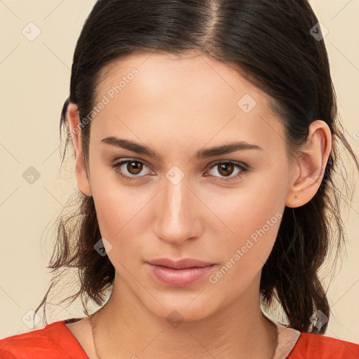 Neutral white young-adult female with medium  brown hair and brown eyes